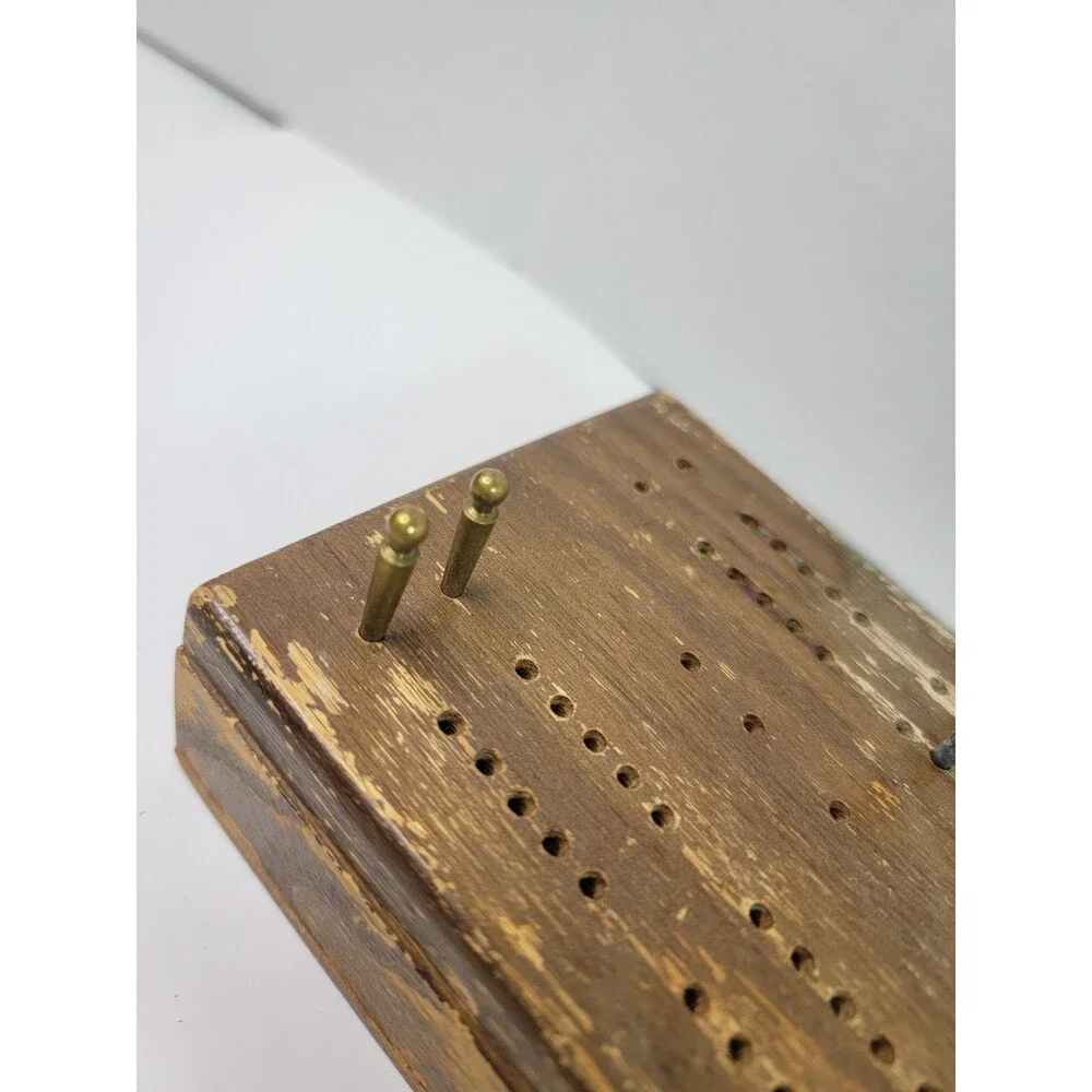 Vintage Wooden Cribbage Board Domino Set w/ Storage Box Pegs 28 Dominoes